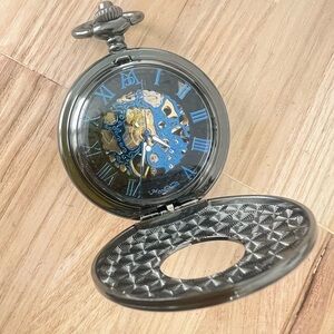 Black mechanical double sided Skelton peephole pocket watch working